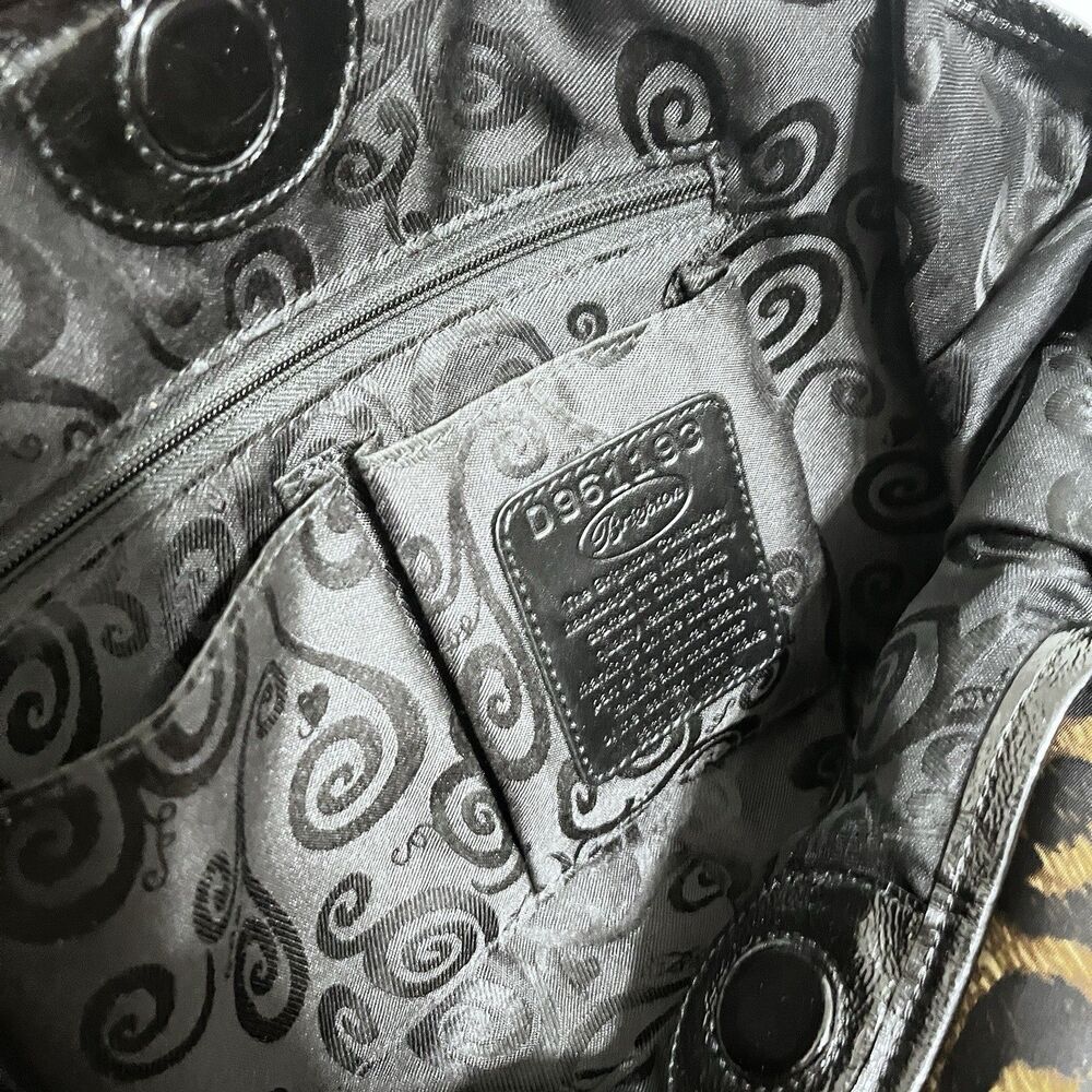 Brighton Leopard Print Satchel Tote Bag Black Patent Trim Woven Handles Filigree - Picture 10 of 11